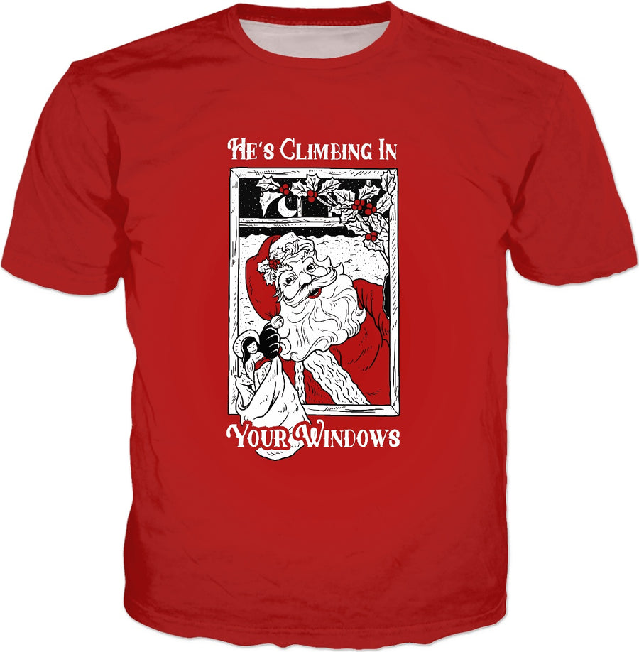 He's Climbing In Your Windows T-Shirt - Vintage Santa